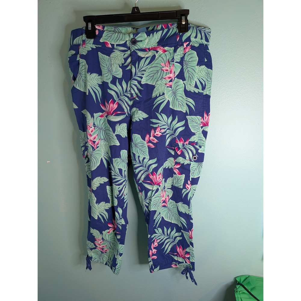 Caribbean Joe Womens‎ 14 Tropical Floral Cargo Capri Pants Navy Blue Pink Green